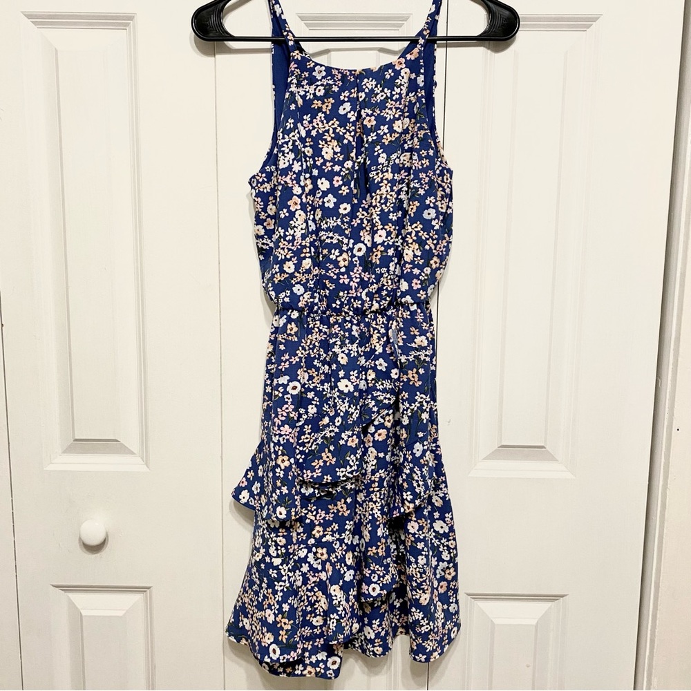 🖤 IZ Byer | XS Blue & Floral High Neck Mini Dress